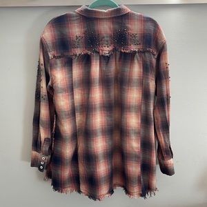 Free People studded flannel in a peachy/grey combo. Raw hem and oversized.